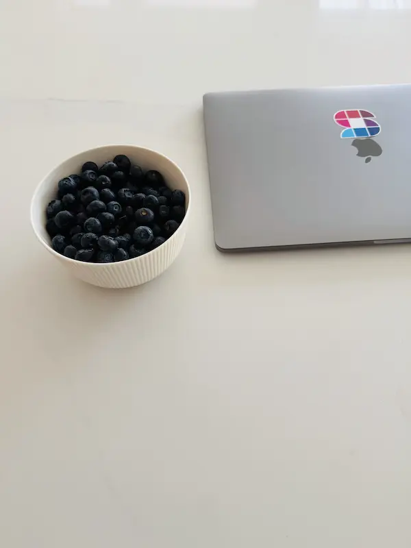 Pöydällä on kulhollinen mustikoita ja kannettava tietokone suljettuna.