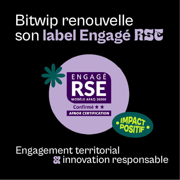 Illustration représentant le renouvellement du label RSE de Bitwip avec des éléments d'innovation numérique et d'engagement territorial