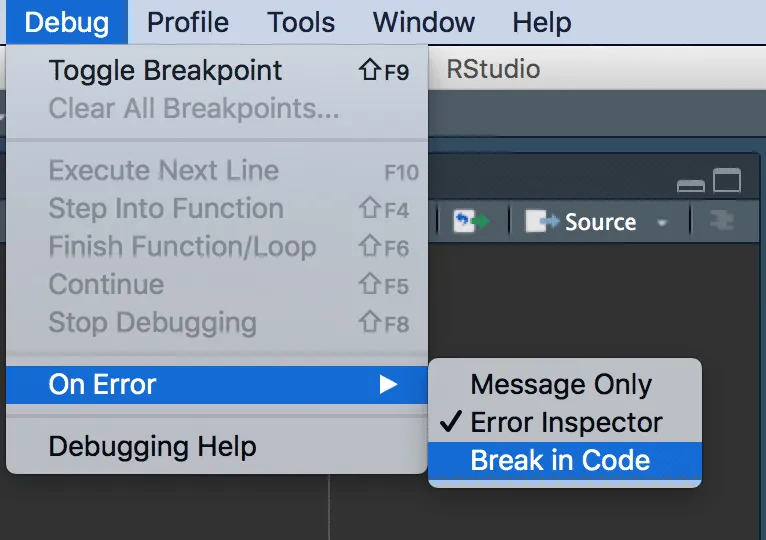 Debug on Error in RStudio