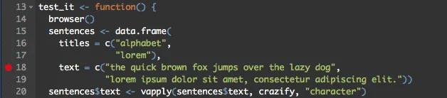 aktivierter Breakpoint in Rstudio