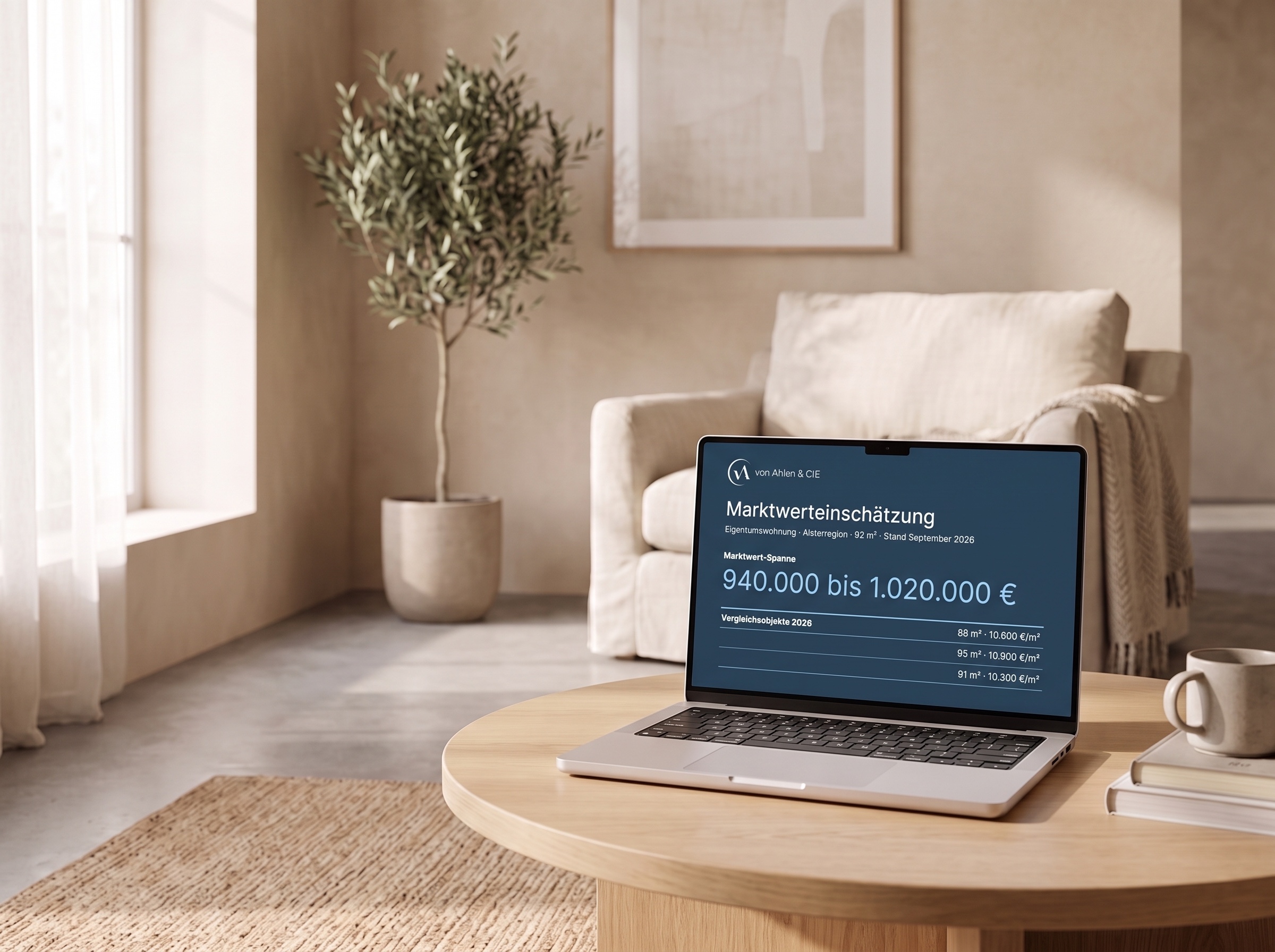 Laptop mit von Ahlen & CIE Immobilienbewertung auf einem runden Holztisch, im Hintergrund ein Sessel