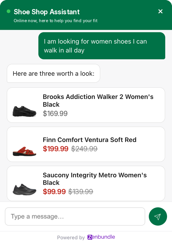 Zenbundle AI Chat on a comfort shoe store. A shopper asks for women's shoes they can walk in all day and gets three pairs from live stock with prices: Brooks Addiction Walker 2, Finn Comfort Ventura Soft and Saucony Integrity Metro.