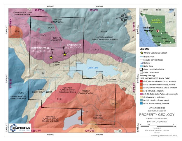 Abbildung 1: Karte der Geologie und der Mineralvorkommen des Projekts Cabin Lake mit den Zielgebieten West/Central und Cabin/Nithi