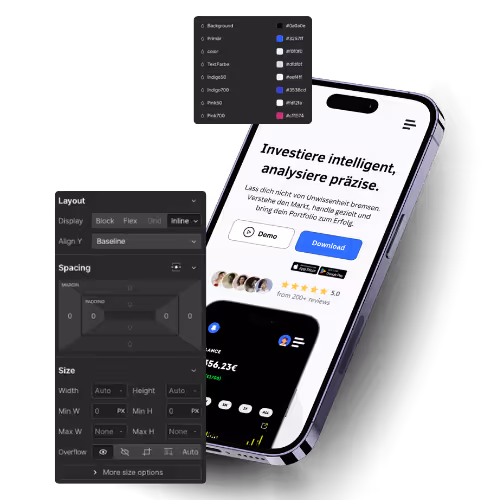 Mobile Website-Design für Finanz-App mit UI-Elementen und Interface-Editor