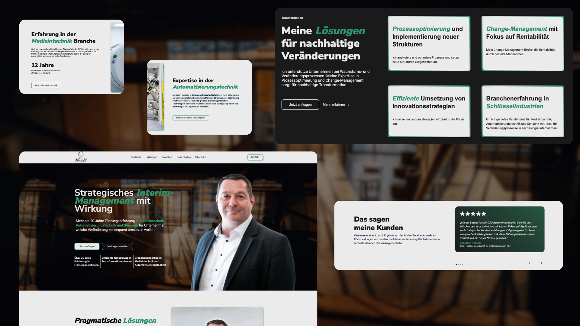 Webseitenübersicht eines Interim-Management-Experten mit Fokus auf Medizintechnik, Automatisierung und Change-Management, inklusive Kundenbewertung und Lösungsangeboten.
