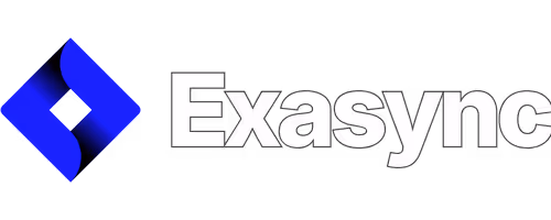 Logo von Exasync mit blauem geometrischem Symbol links neben dem Firmennamen in weißer Schrift.