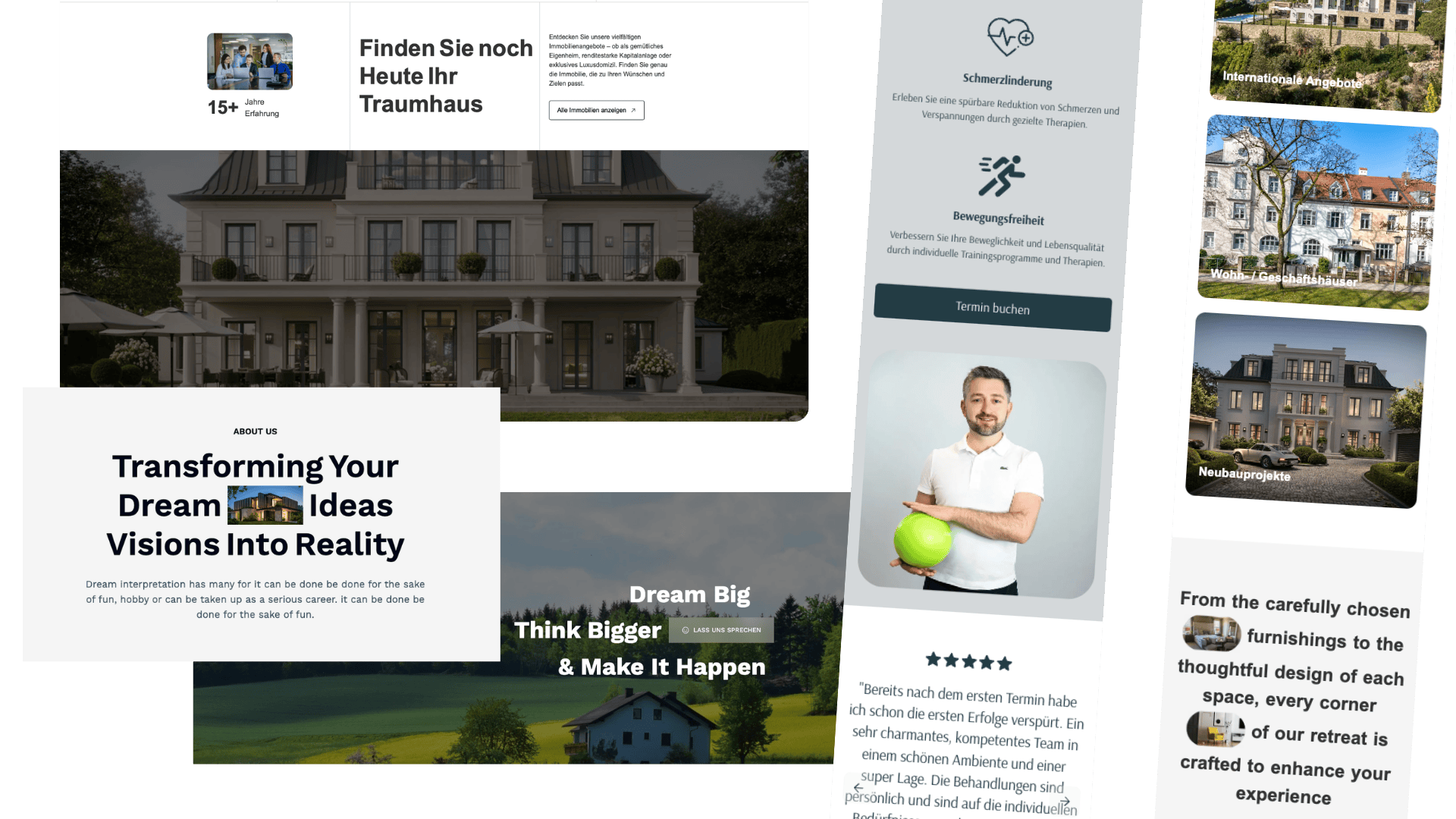 Webseite mit Immobilienangeboten, Therapiediensten und Kundenbewertungen, inklusive Bildern von Häusern, einem Mann mit Gymnastikball und Texten auf Deutsch und Englisch.