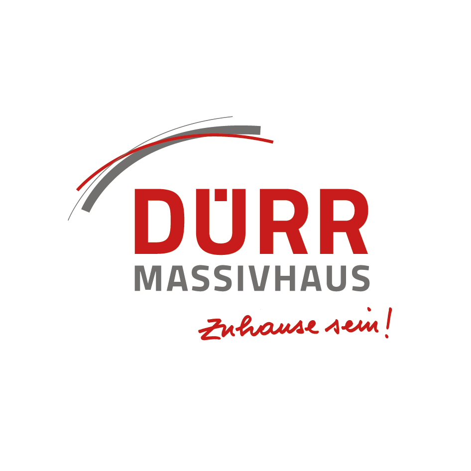 Logo von DÜRR MASSIVHAUS mit dem Schriftzug Zuhause sein! und einem roten und grauen Bogen darüber.