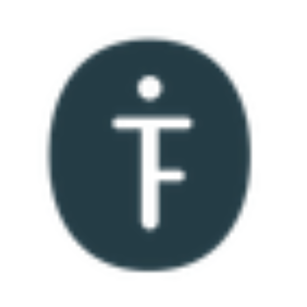 Weißes stilisiertes Zeichen mit einem Punkt über einem T- und F-förmigen Symbol in einem dunkelgrauen Kreis.