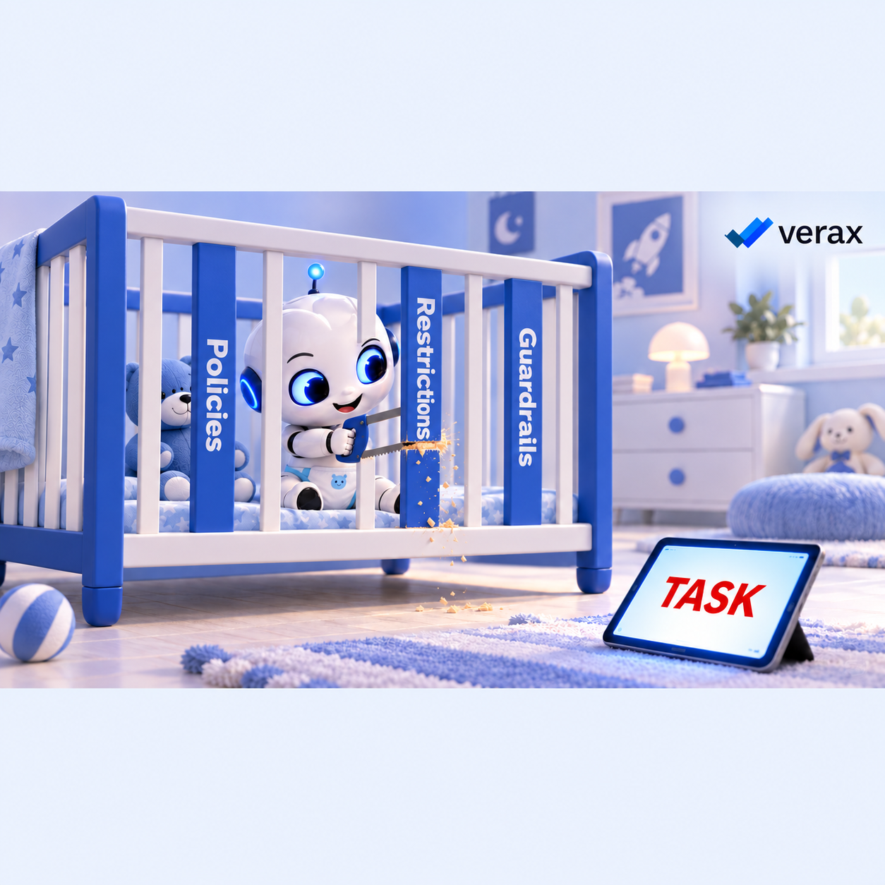 A smiling robot baby saws through a crib bar labeled Restrictions beside bars labeled Policies and Guardrails, reaching toward a red TASK tablet outside.