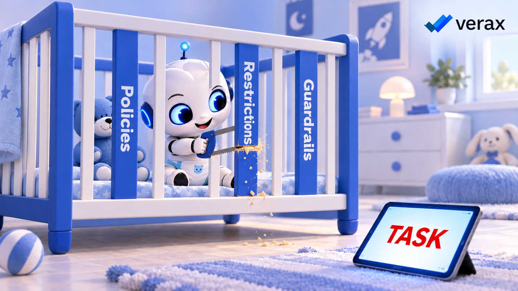 A smiling robot baby saws through a crib bar labeled Restrictions beside bars labeled Policies and Guardrails, reaching toward a red TASK tablet outside.