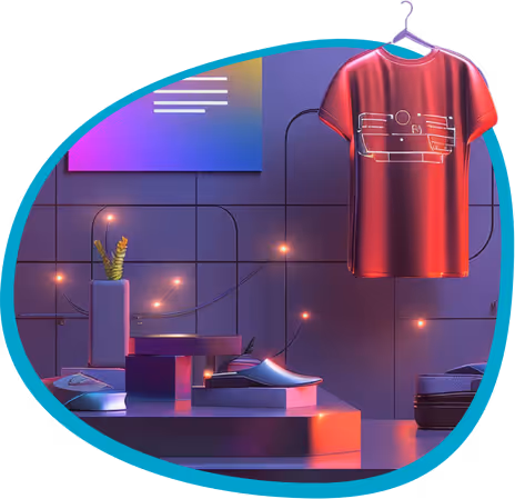 Futuristic digital art of a red graphic t-shirt hanging beside glowing tech objects and neon lights.