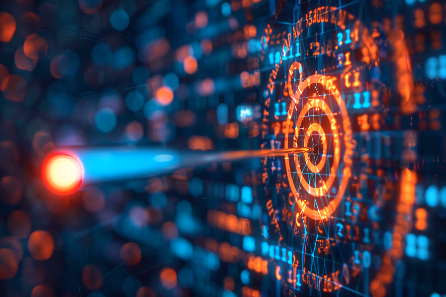 Laser beam hitting a glowing digital bullseye target with surrounding orange and blue data streams.