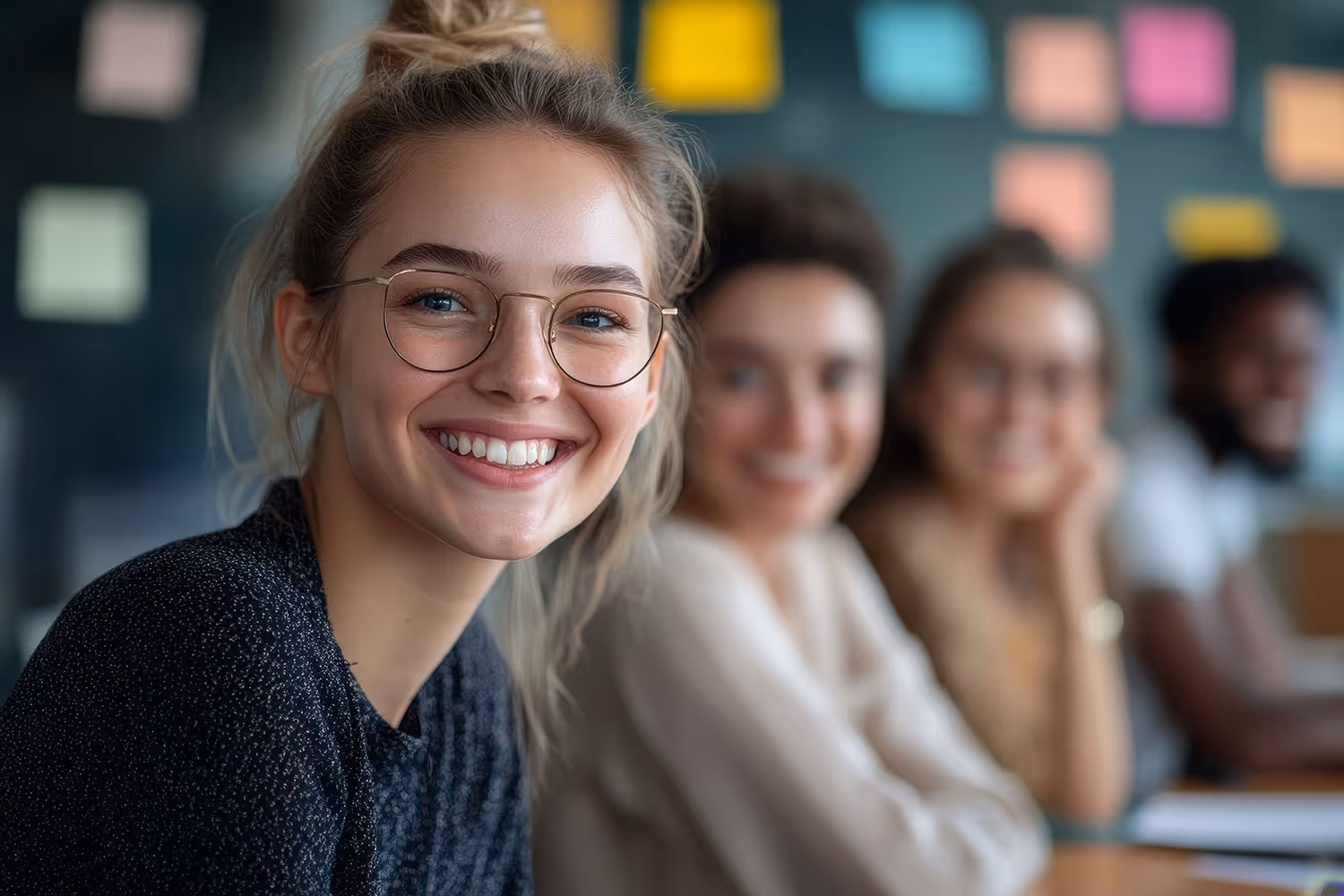 Smiling woman with glasses in the foreground with three other people blurred in the background.