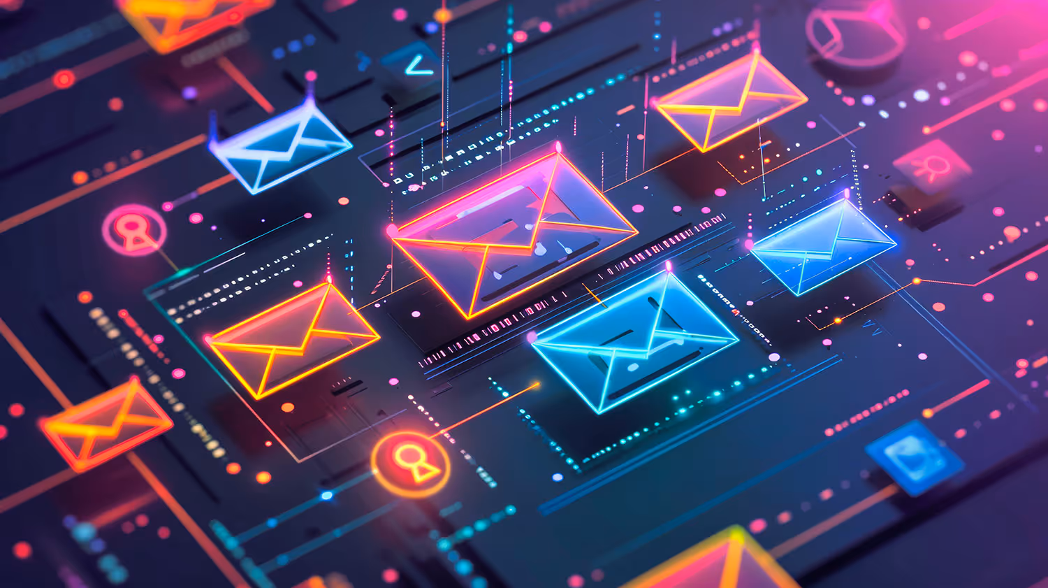 Neon glowing email icons floating on a dark digital interface representing online communication and messaging.