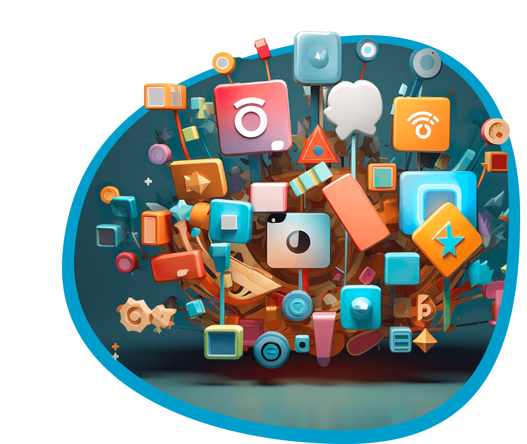 A variety of colorful app icons arranged in a circular pattern with a teal background, featuring stars and geometric shapes.