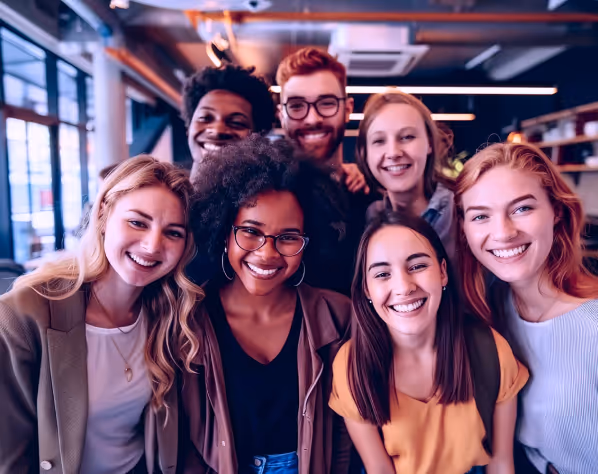 Happy diverse group of young adults smiling and posing together indoors.