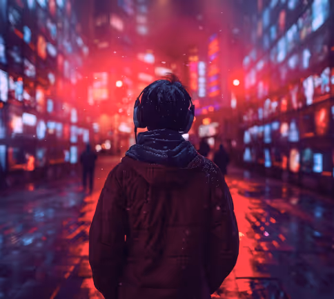 Person wearing headphones walking through a neon-lit street surrounded by digital screens and glowing displays.