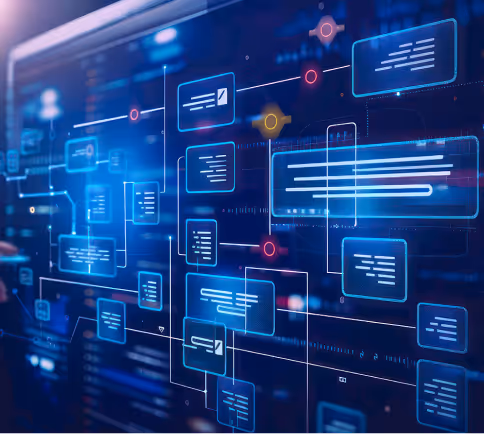 Large screen displaying a complex interface of connected digital elements, nodes, and lines in blue tones.