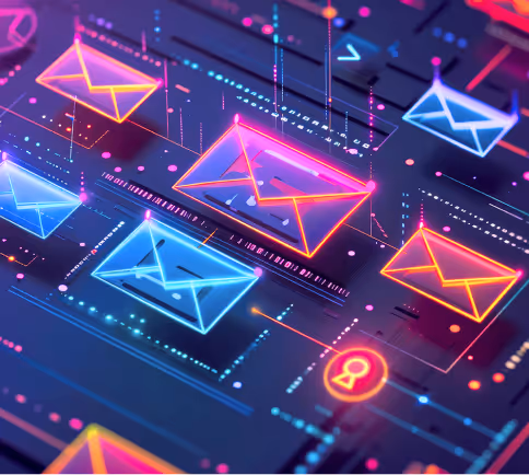 Floating neon email icons over a digital interface, featuring bright colors and lines connecting the message symbols.