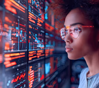 Young woman wearing glasses looking at multiple digital dashboards displaying analytics and data trends.