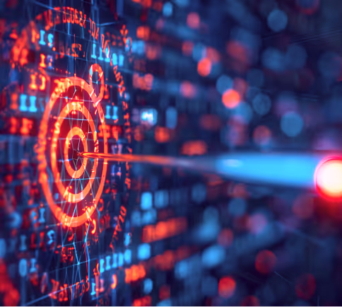 Laser beam targeting a glowing red digital bullseye surrounded by floating binary code and abstract data visuals.