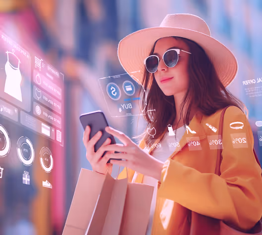 Woman in hat and sunglasses using her phone while viewing floating augmented reality shopping data and product stats.