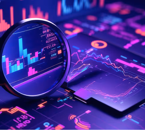 Colorful digital charts and graphs under a magnifying glass, representing analytics and data tracking.