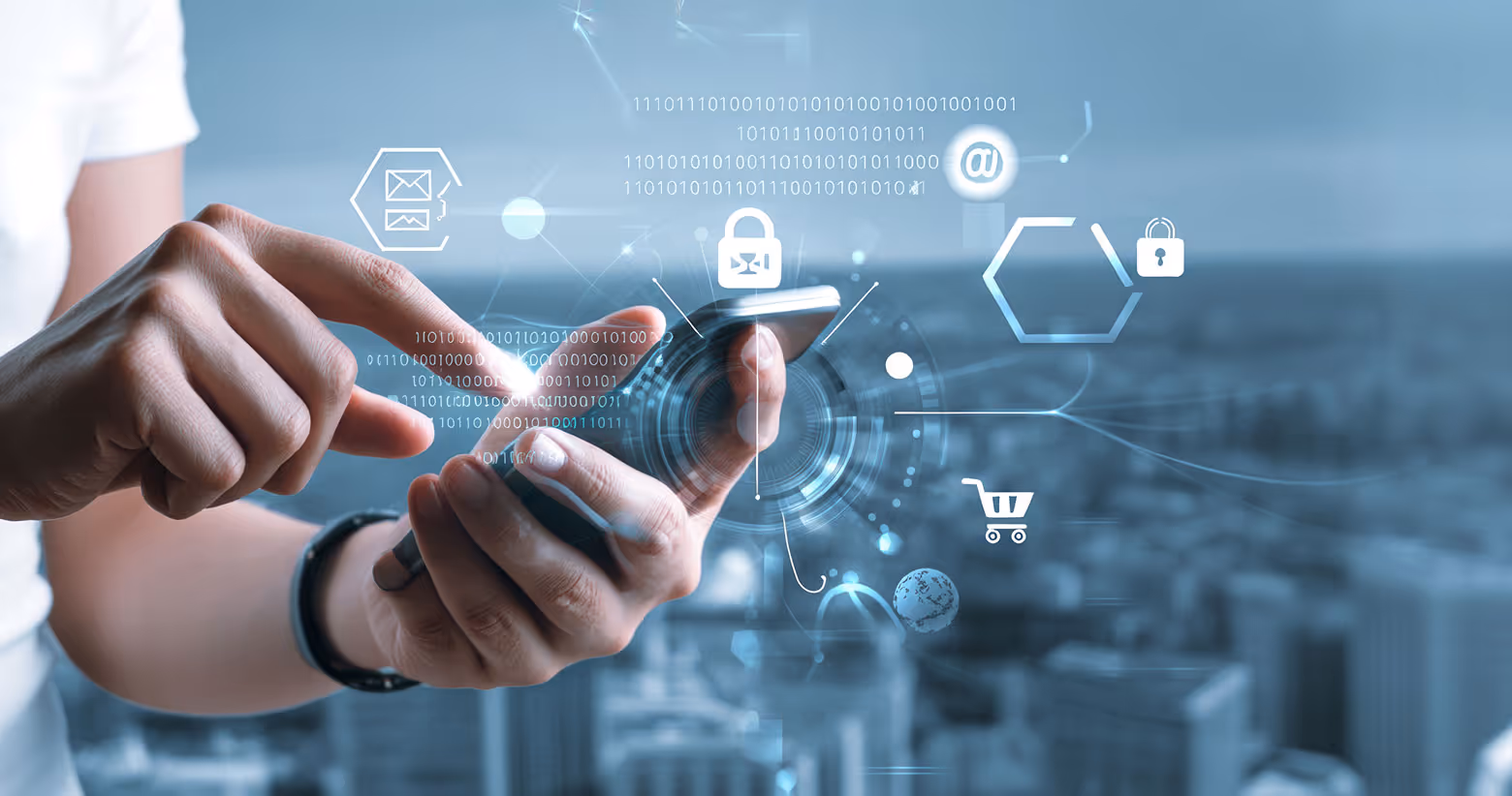Person interacting with smartphone showing digital security and communication icons floating around.