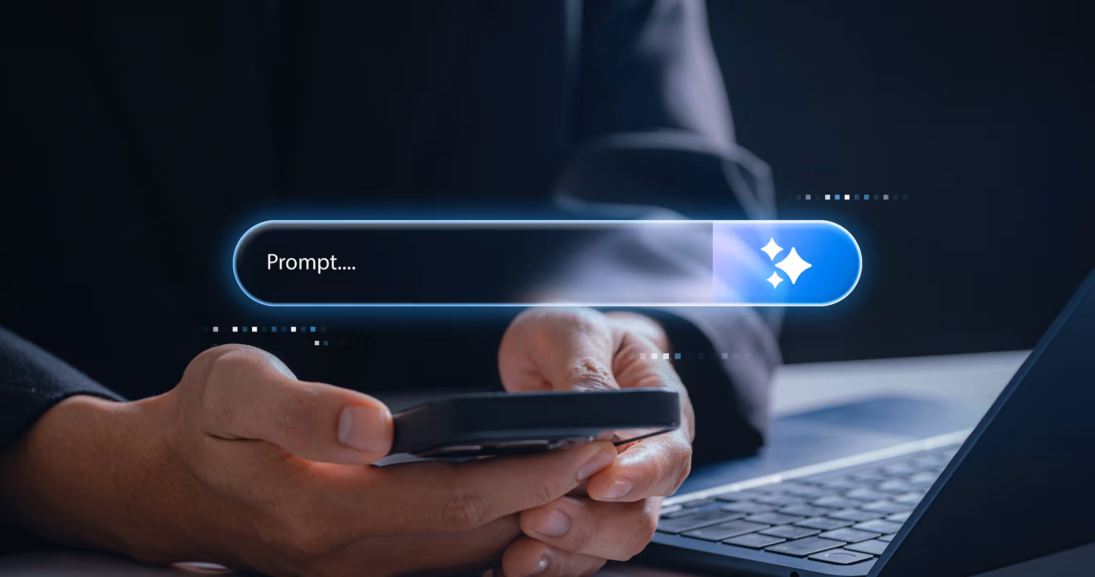 Hands holding a phone near a laptop with a glowing search bar labeled 'Prompt....' above.