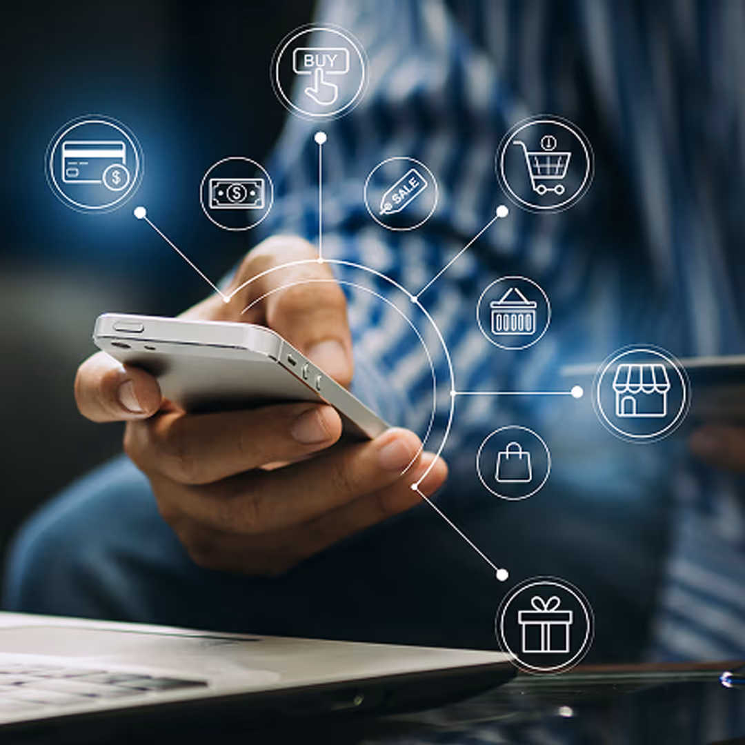 Person holding smartphone with digital icons representing online shopping and payment options.