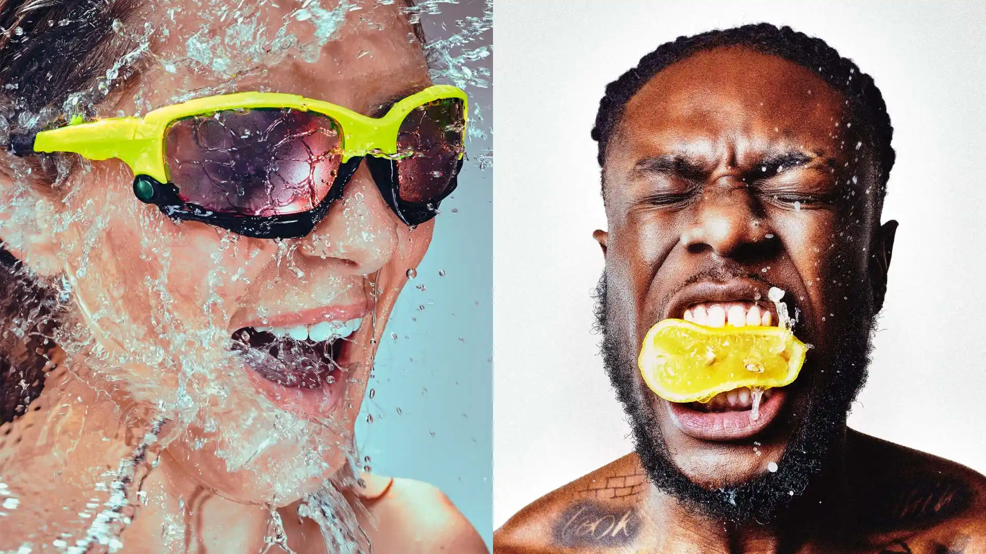 Eine Diptyche von zwei Porträts. Auf der linken Seite ist eine lachende Person mit einer gelben Sonnenbrille zu sehen, die von Wasser bespritzt wird. Auf der rechten Seite ist eine Person, die Grimassen schneidet und ein Stück Zitrone mit den Zähnen festhält.