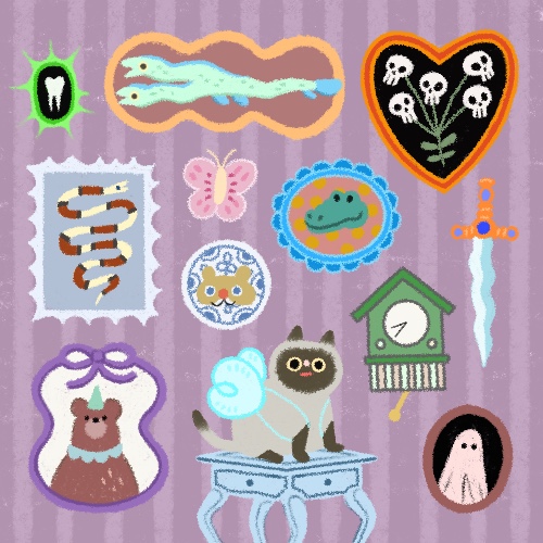 A wall of oddities on light purple wallpaper: a tooth in a bright green spiky frame, a double headed fish, a bouquet of skulls, a white and red snake, a pink butterfly, an alligator smiling, a sword with gems, a bear in a birthday hat, a bear mask on a plate, a green cuckoo clock, and a pink ghost under some bedding. In the center, a Siamese cat with fairy wings is seated.