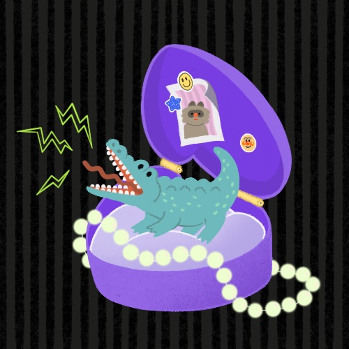 A small alligator in the middle of a purple, heart-shaped music box, in place of a ballerina. A string of yellow pears hanging off the side. 

A take on what a treasure chest may have looked like for a child, containing all things "valuable".