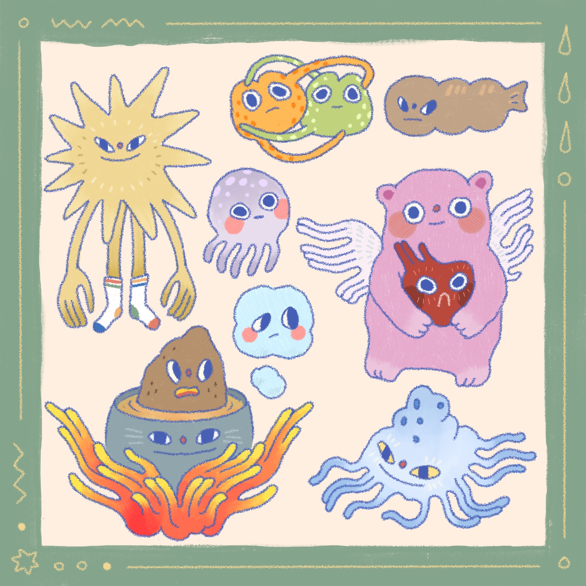 A collection of random creatures, from the upper left corner downwards: a star/sun-like figure with arms and socks, a pair of legless frogs in an embrace, a lumpy brown fish as if a loaf of bread, a purple jelly fish/octopus, a pink bear with angelic wings holding a beating heart, a cauldren with dramatic flames below and a yam within, a blue clown-like jelly fish plopped on the ground.