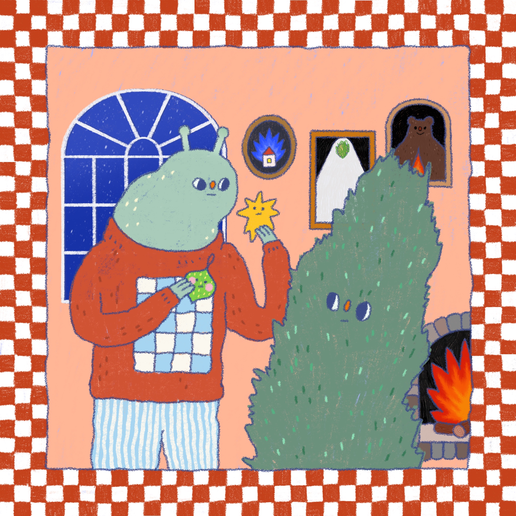 An alien-like figure standing with his Christmas tree companion in a brightly-lit room. Frames referencing MIDSOMMAR can be seen in the background.