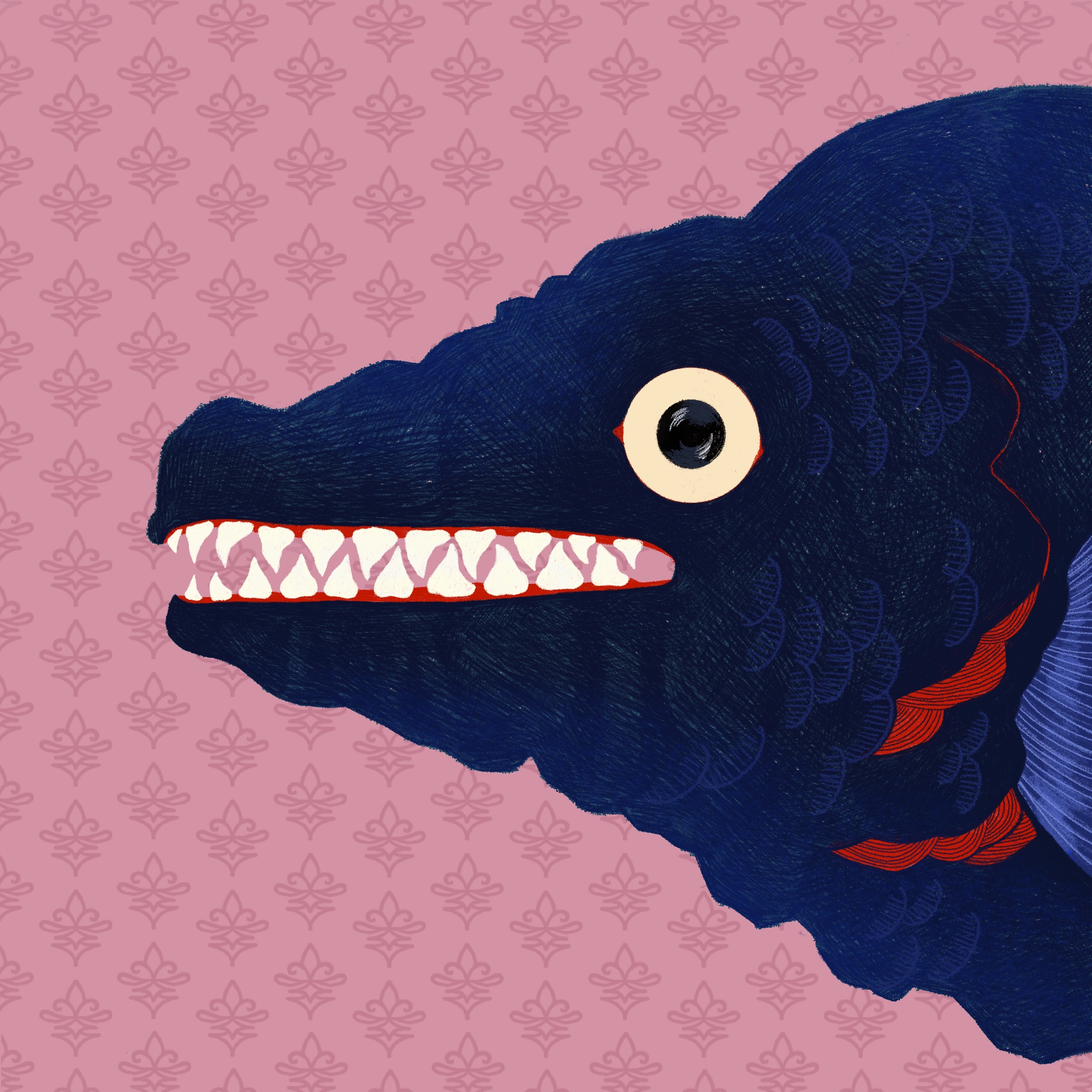 A large fish, darkened scales and sharp teeth, lurks upon worn, pink wallpaper. 
Inspired after watching Alien: Romulus.