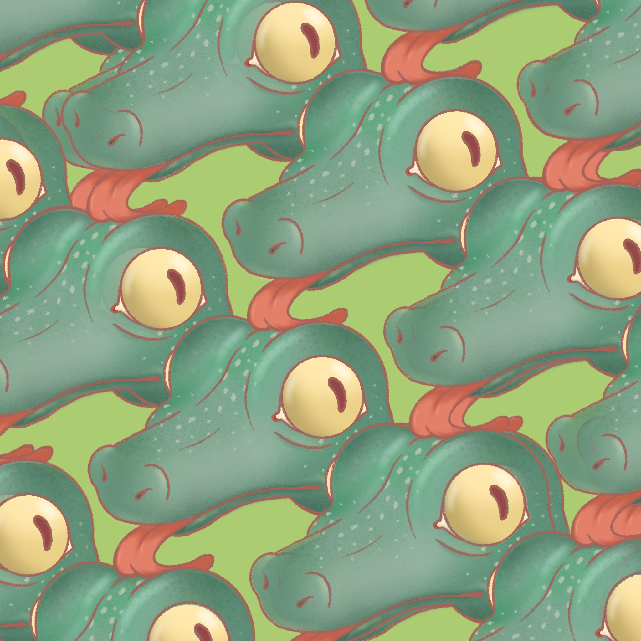 A lizard/alligator-like creature licking itself on the head as a result of the repeated nature of the pattern.

An attempt on designing wrapping paper.