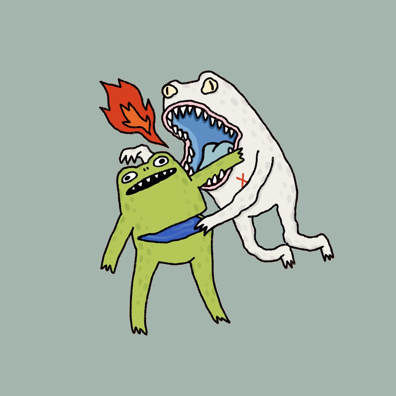 A pair of frogs, one lime green, the other pale white, the latter consuming the other in a vicious fit of rage and blindness. 