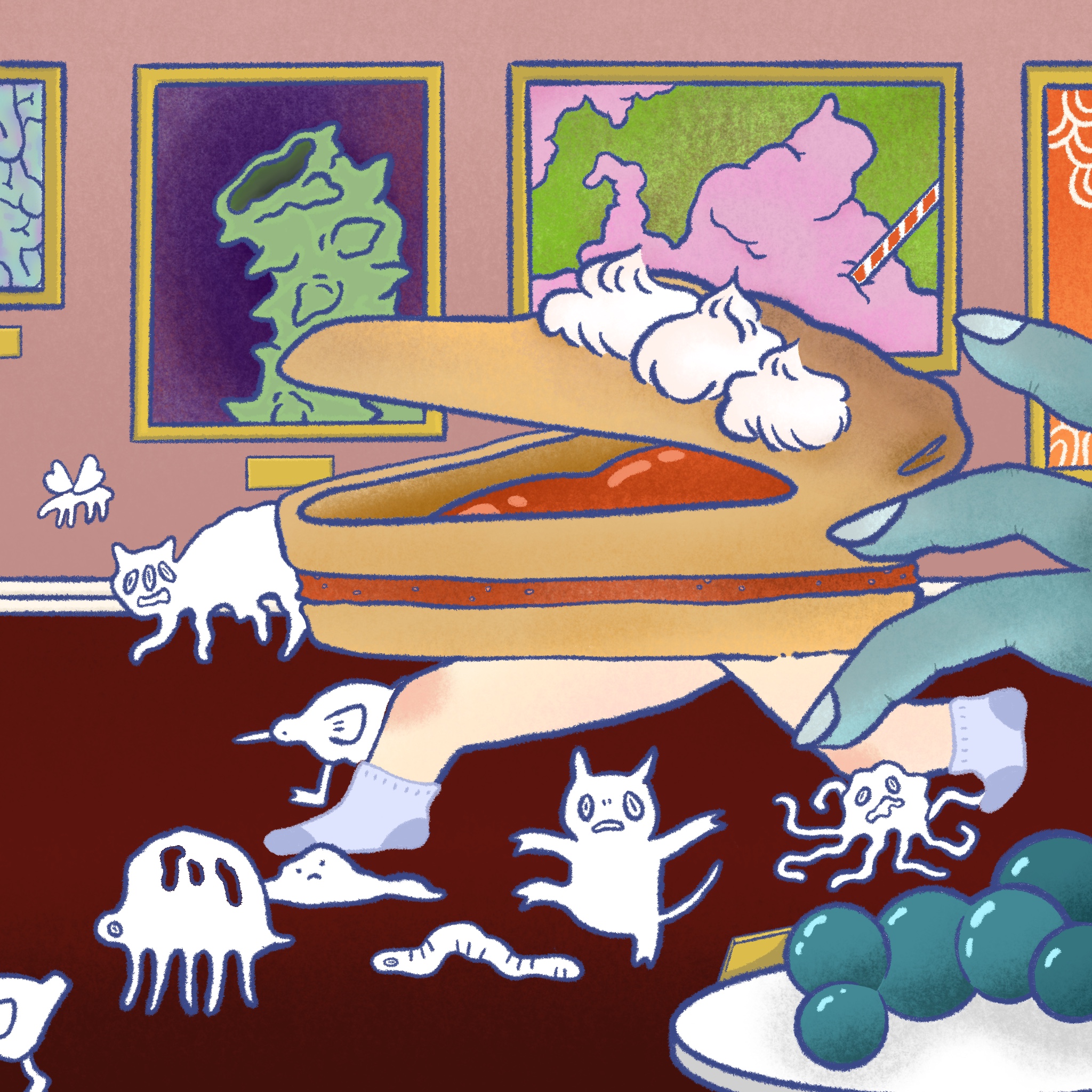 A slice of cherry pie running down a long corridor of odd art, perhaps late for a party.