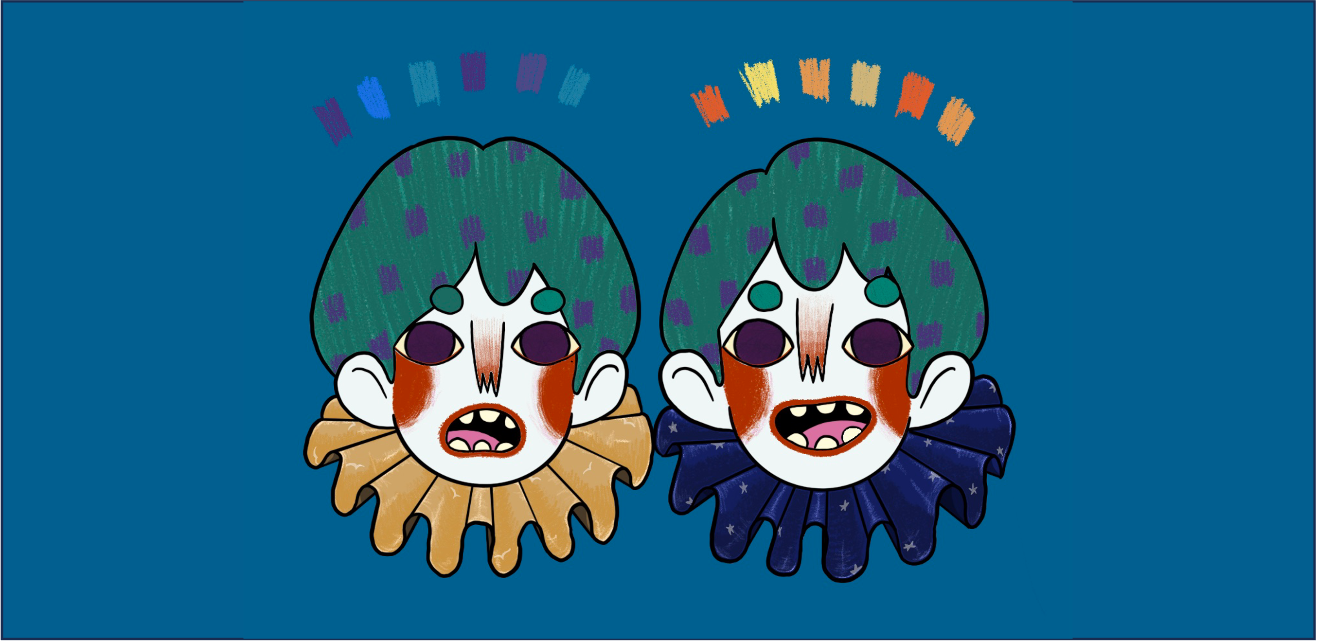 A pair of young clowns, happy on the right, sad on the left. 