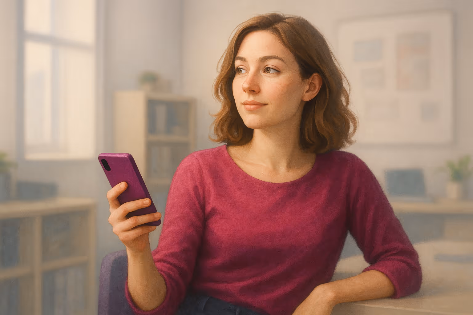 A woman with shoulder-length brown hair, wearing a magenta sweater, holds a purple smartphone while looking thoughtfully to the side. She sits in a softly lit office space with shelves and framed art in the blurred background.