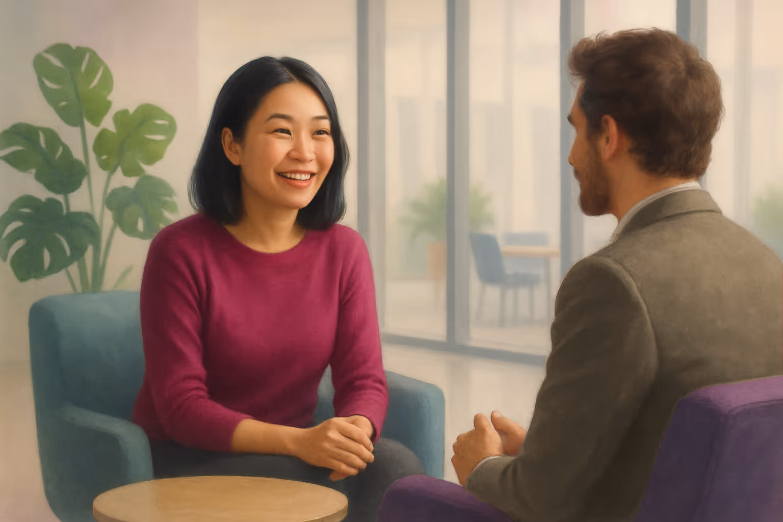 A smiling woman in a magenta sweater sits in a teal armchair, engaged in conversation with a man in a gray blazer. They are in a bright office lounge area with large windows, potted plants, and modern seating.