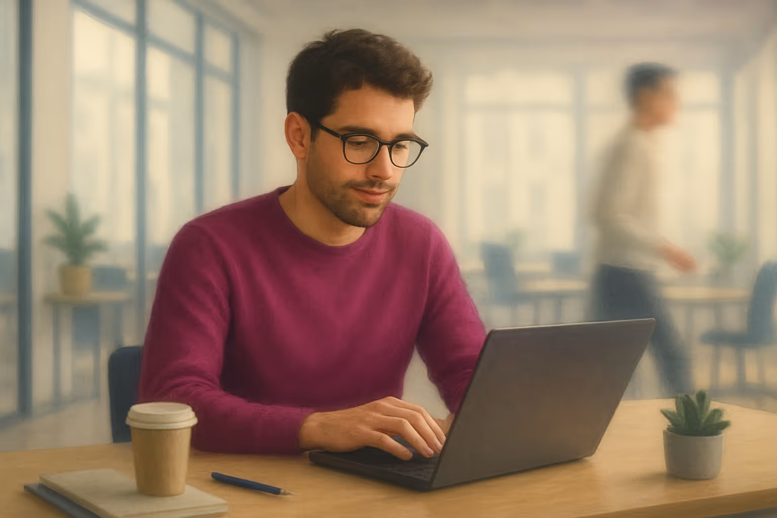 A man in a magenta sweater and black-rimmed glasses types on a laptop at a wooden desk. A coffee cup, notebook, pen, and small potted plant sit nearby, with a bright, open office and blurred figure walking in the background.
