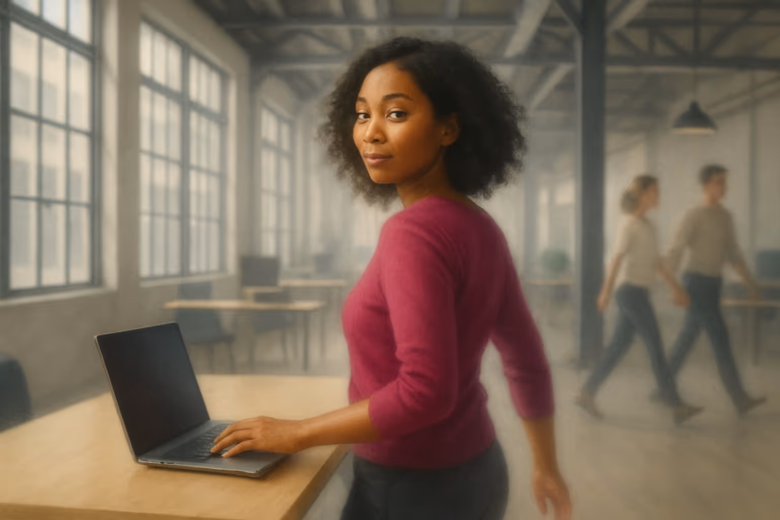 A woman in a magenta sweater stands at a desk with one hand on a laptop, glancing back over her shoulder with a slight smile. She is in a spacious office with large windows, exposed beams, and people walking in the background.