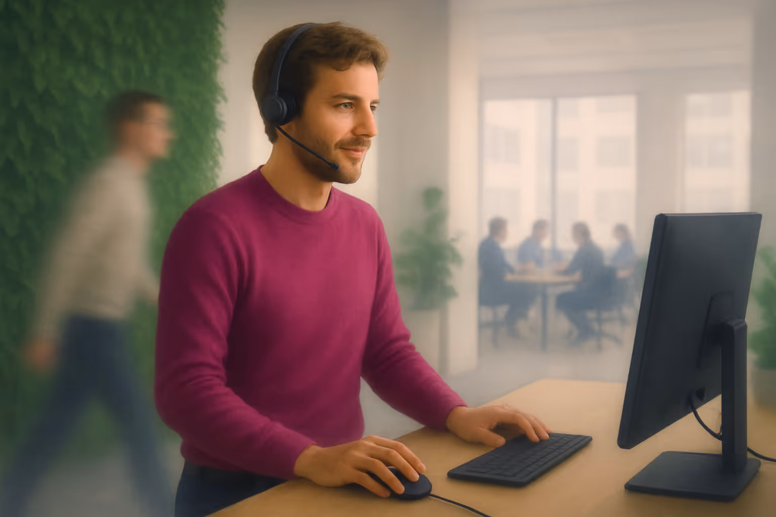 A man in a magenta sweater wears a headset while working at a computer in a bright, modern office. In the background, a blurred group of colleagues sits at a meeting table near large windows, and a wall covered in greenery adds a touch of nature to the space.