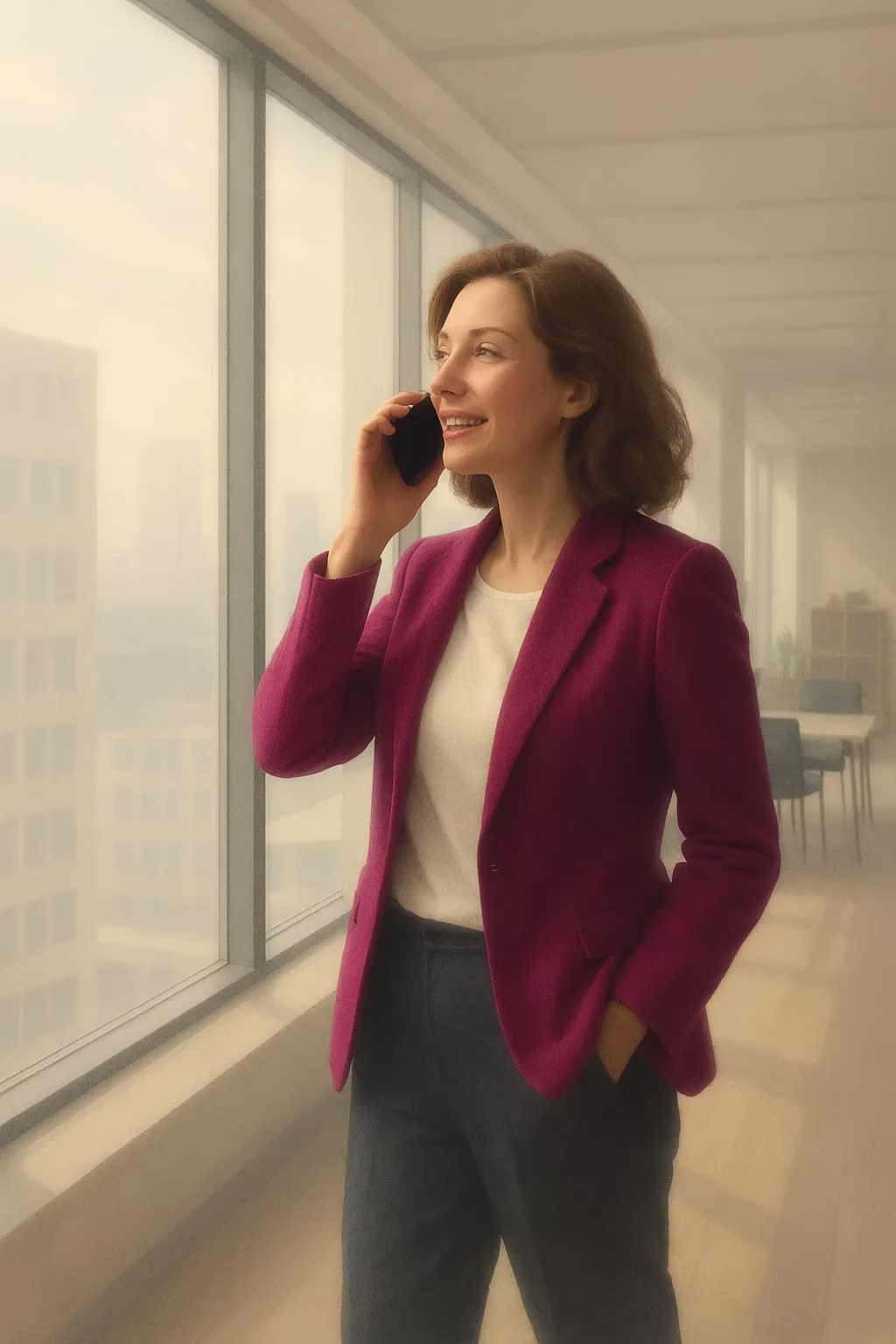 A smiling woman in a magenta blazer and white top stands by a large window, talking on her smartphone. She has one hand in her pocket and looks out at the city skyline through the bright, softly lit office space.