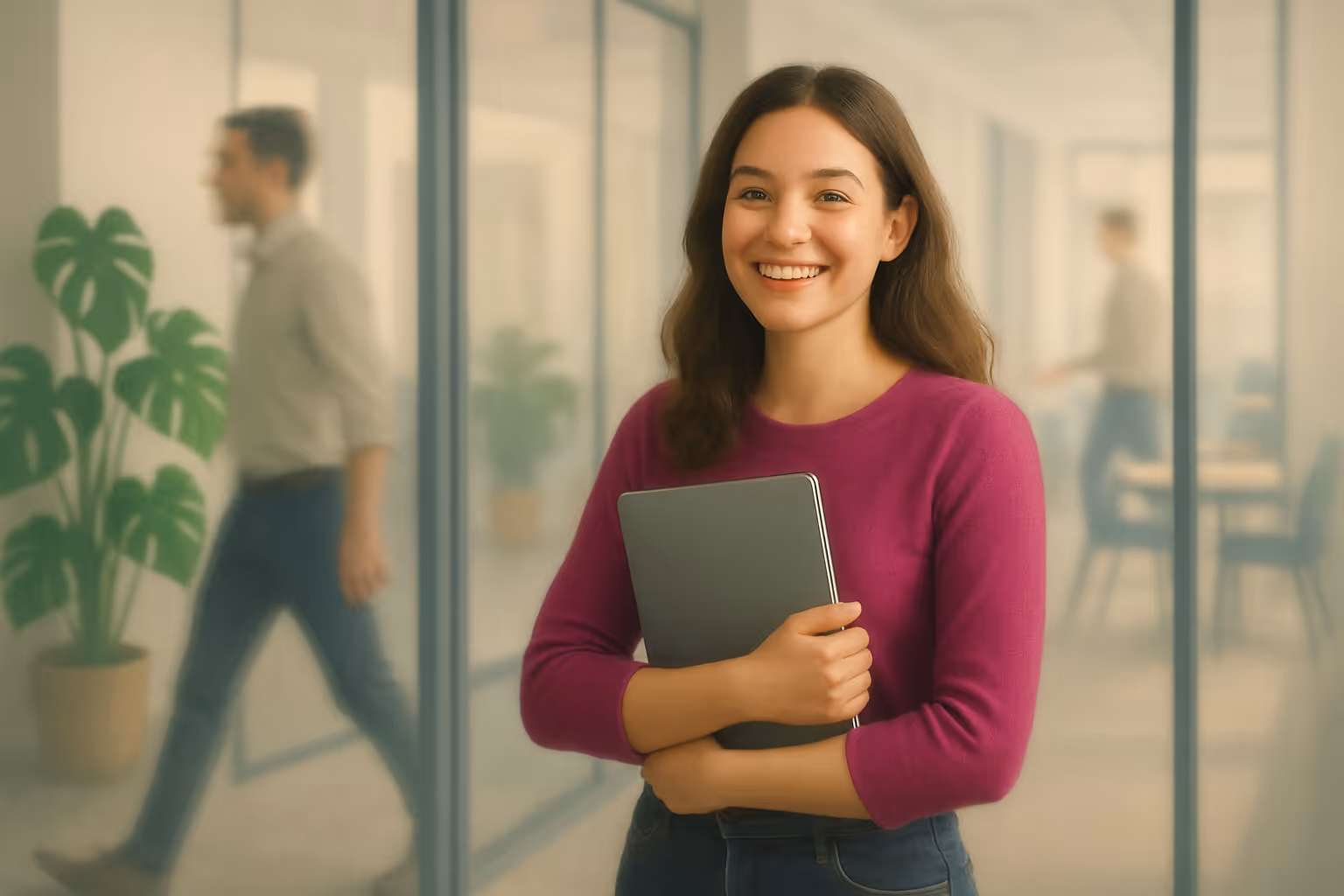 A smiling woman in a magenta sweater holds a closed laptop while standing in a modern office hallway. Glass walls reveal blurred colleagues walking and working in the background, with a green potted plant adding color to the space.