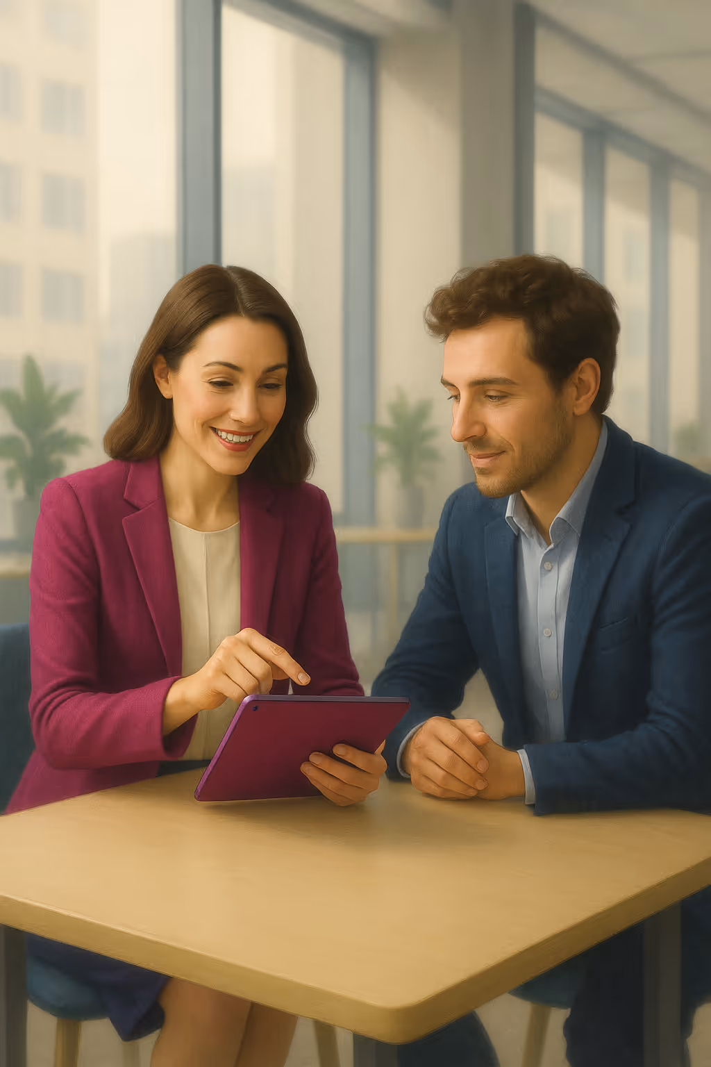 A woman in a magenta blazer and a man in a blue suit sit at a table in a bright office space, smiling and looking at a purple tablet the woman is holding. The woman gestures toward the screen, appearing to explain something during a collaborative meeting.