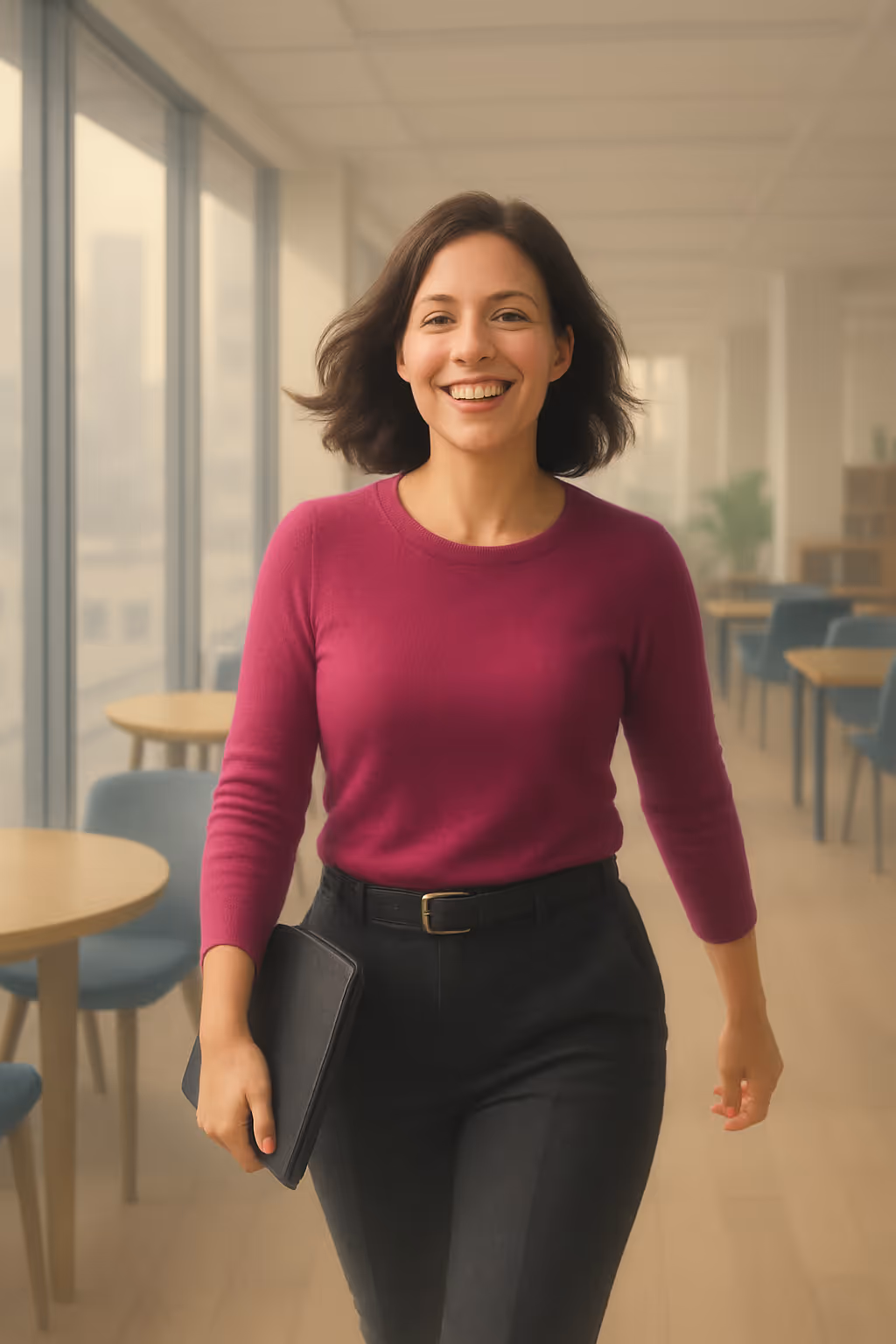 A smiling woman in a magenta sweater walks confidently through a modern office space, holding a closed black tablet or portfolio. Her relaxed posture and cheerful expression convey a sense of professionalism and positivity.
